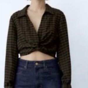 Zara Black and Brown Checkered Blouse